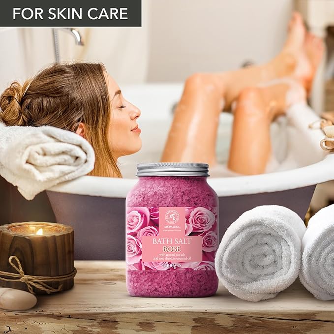 Rose Bath Salts 46 Oz - Natural Rosewood Oil & Rose Extract - Best for Relaxing - Good Sleep - Beauty - Bathing - Body Care - Wellness - Relax - Aromatherapy - Spa