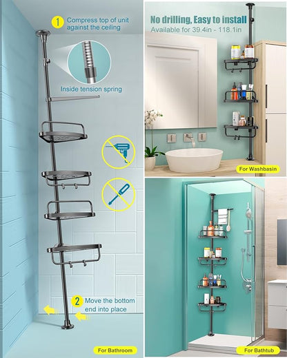 ADOVEL 4 Layer Corner Shower Caddy, Stainless Steel Constant Tension Pole Shower Organizer, Adjustable Corner Shower Shelf, Rustproof 3.3 to 9.8 ft