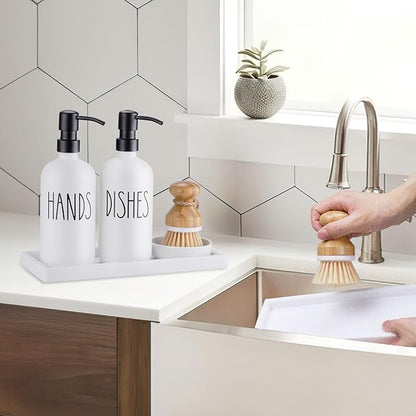 Glass Soap Dispenser for Kitchen, Farmhouse Dish Hand Soap Dispenser Set, Rustproof Pump Dispenser Set with Tray and Dish Brush, Kitchen Decor（White）