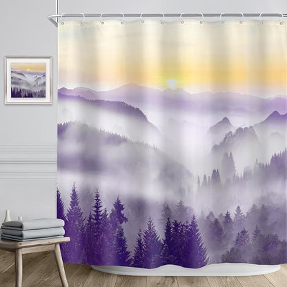 Riyidecor Misty Mountain Shower Curtain 72Wx72H Inch Purple Sunrise Nature Scenery Foggy Pine Tree Woodland Modern Rustic Natural Landscape Bathroom Decor Fabric Polyester Waterproof 12 Pack Hooks
