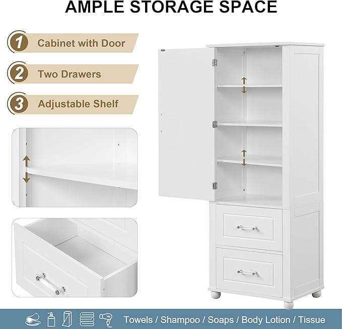 Tall Bathroom Storage Cabinet with Door and Shelves, Kitchen Pantry Linen with 2 Drawers for Home, Living Room, Dining Room, White