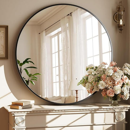 42 Inch Round Black Metal Wall Mirror - Stylish Circle Mirror for Entryway, Bathroom, and Living Room Decor | Matte Black Circle Wall Mirror