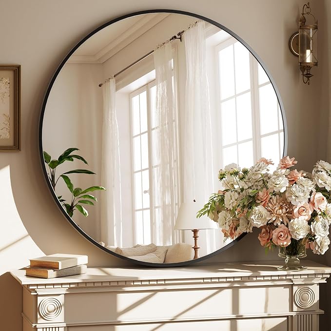 40 Inch Round Mirror - Circle Mirrors for Bathroom, Entryway and Living Room Wall Decor, Modern Hanging Vanity Mirror, Matte Black Circle Decorative Wall Mirror