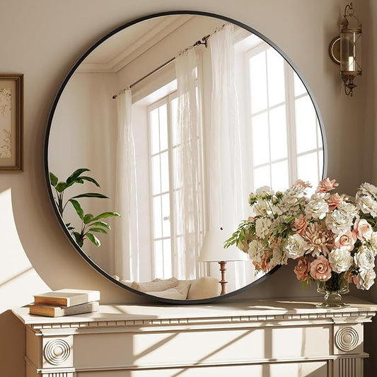 40 Inch Round Mirror - Circle Mirrors for Bathroom, Entryway and Living Room Wall Decor, Modern Hanging Vanity Mirror, Matte Black Circle Decorative Wall Mirror