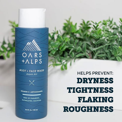 Oars + Alps Body and Face Wash for Men, Mens Body Wash & Face Cleanser with Vitamin E and Antioxidants, Moisturizing, Hydrating, Paraben & Sulfate Free Cleanser, Aspen Air, 2pk