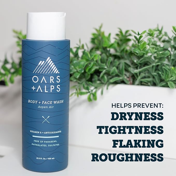 Oars + Alps Body and Face Wash for Men, Mens Body Wash & Face Cleanser with Vitamin E and Antioxidants, Moisturizing, Hydrating, Paraben & Sulfate Free Cleanser, Aspen Air, 1pk