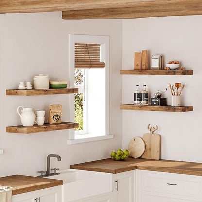 Floating Shelves for Wall, 1.5" Thick Wall Shelf Set of 4 with Invisible Brackets, 23.6L x 7.9W Hanging Shelves Farmhouse Home Decor for Bathroom, Living Room, Bedroom, Rustic Brown 6301BJP4BF