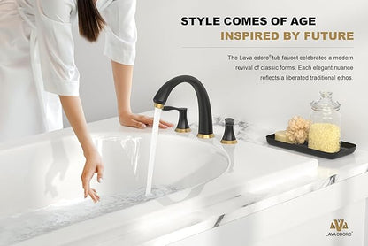 Black Gold Roman Tub Faucet, Lava Odoro 8 inch Widespread Bathtub Faucet with Valve, High Flow 2 Handle Deck Mount Tub Faucet, Solid Brass 3 Hole Bath Tub Filler TF405-GB