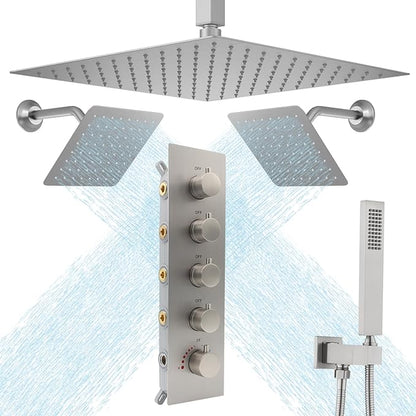 Thermostatic Shower System Three Shower Heads with 16" Ceiling Mounted Rain Shower Head & 2 x 6" Wall Mounted Head 4 Function Shower System Can All Run Together, Brushed Nickel