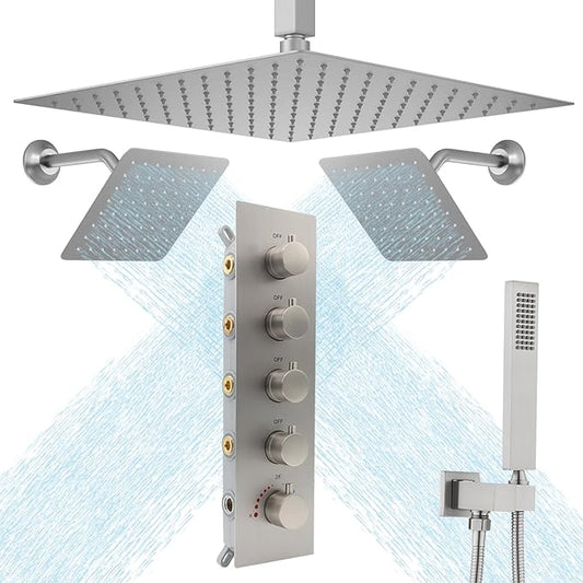 Thermostatic Shower System Three Shower Heads with 16" Ceiling Mounted Rain Shower Head & 2 x 6" Wall Mounted Head 4 Function Shower System Can All Run Together, Brushed Nickel