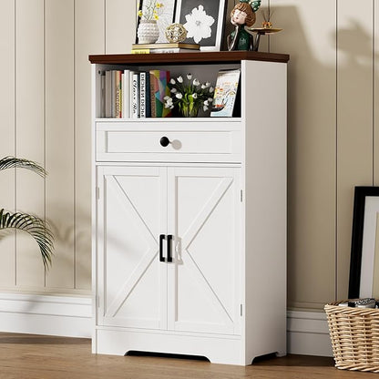 White Floor Cabinet, Farmhouse Storage Cabinet with Barn Doors and Drawer, Freestanding Adjustable Shelf Cabinets for Bathroom, Kitchen, Living Room