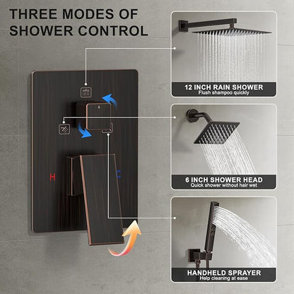 Shower Faucet Set, Wall Mount Shower System 12 and 6 Inch Dual Shower Head Set with 2 in 1 Handheld Spray Rain Shower Faucet with Rough-in Valve and Shower Trim Kit, Oil Rubbed Bronze