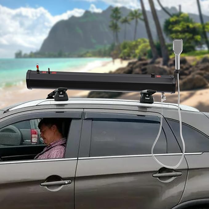 Pressurized Water Tank Portable Roof Rack Water Tank Over-Landing Pressurized Water Tank on Off-Road Vehicle with Shower, Hose & Storage Bag for Camping, Water Storage