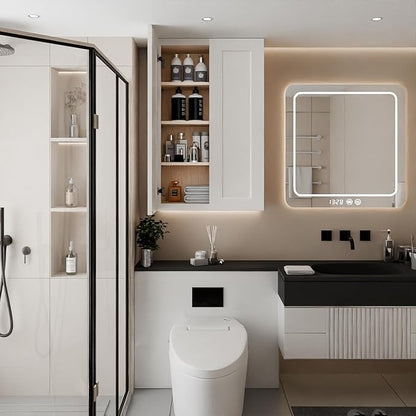 27 Inch Laundry Room Cabinets Wall Mounted, Solid Wood Over The Toilet Storage Cabinet, Bathroom Organizer Cabinets with 2 Shaker Door & 3 Shelves, Easy to Assemble for Kitchen, Garage - White