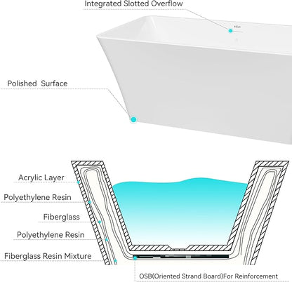 FerdY Sentosa 67" Acrylic Freestanding Bathtub, Contemporary Design Soaking Tub with Brushed Nickel Drain and Minimalist Linear Design Overflow, Easy to Install, 02560