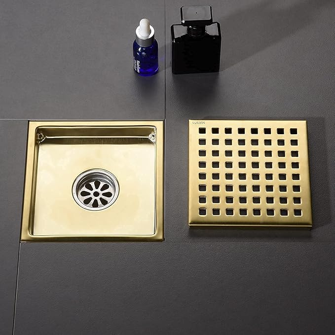 Square Shower Floor Drain Brushed Gold 6 Inch，Grille with Removable Cover,SUS304 Stainless Steel