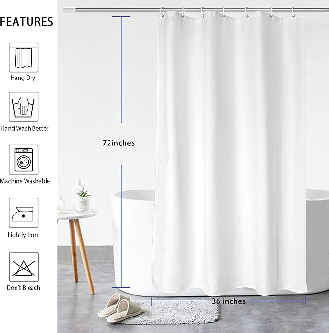 AooHome 36x72 Inch Shower Curtain, Stall Size Fabric Weave Waffle Bathroom Curtain with Hooks, Weighted Hem, Heavy Duty, Water Repellent, 36 Width by 72 Height, White