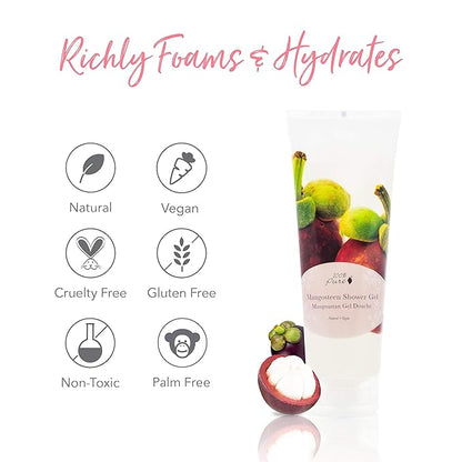 100% PURE Mangosteen Shower Gel Natural Foaming & Hydrating Body Wash - Deeply Moisturizing Gentle Soap Cleanser for All Skin Types, Even Sensitive - Gluten-Free - 8 Fl Oz