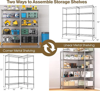 Himimi Storage Shelves-5 Tier Heavy Duty Wire Shelving Unit with Leveling Feet, 1500LBS Adjustable Metal Shelves Organizer for Kitchen Garage Pantry Laundry, 60" W*14" D*72" H, Silver