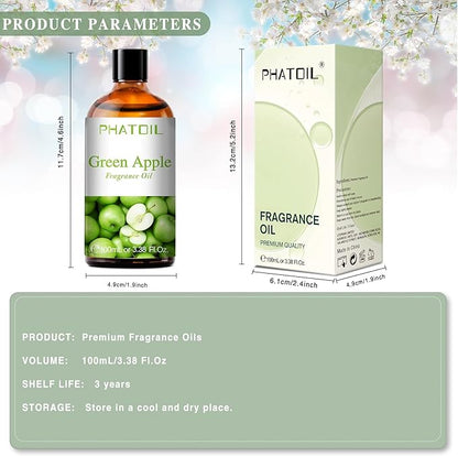 PHATOIL 3.38FL.OZ Green Apple Fragrance Oils for Aromatherapy, Essential Oils for Diffusers for Home, Perfect for Diffuser, Yoga, DIY Candle and Soap Making - 100ml
