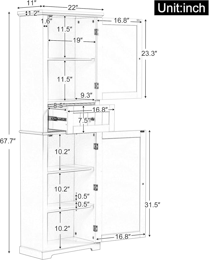 Favfurish Tall Bathroom Storage Cabinet with Doors and Drawer,Modern Linen Cabinets w/Adjustable Shelf & Anti-Toppling Device,Freestanding Narrow Cabinet for Bathrooms,Living Room, Entryway,White