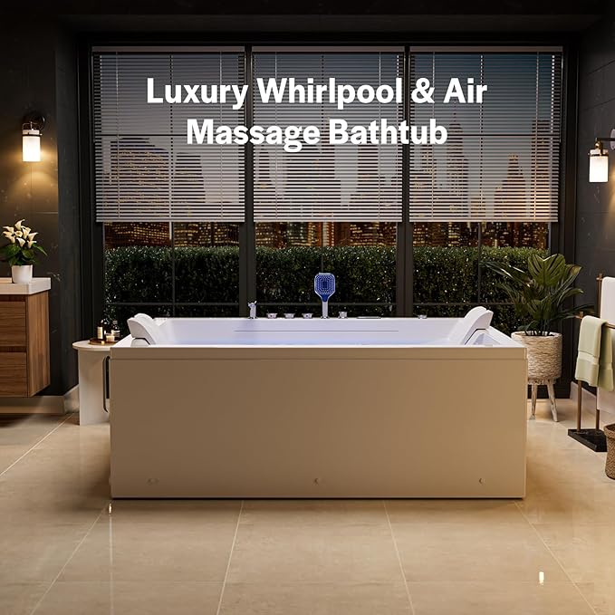 Empava PRO Series 71"x51" Jetted Bathtub, Alcove Spa Tub | 16 Hydro + 24 Air Jets, Chromotherapy & Waterfall | Thermostatic Control, Rectangular Acrylic Whirlpool Bathtub, White (ETL Certified)
