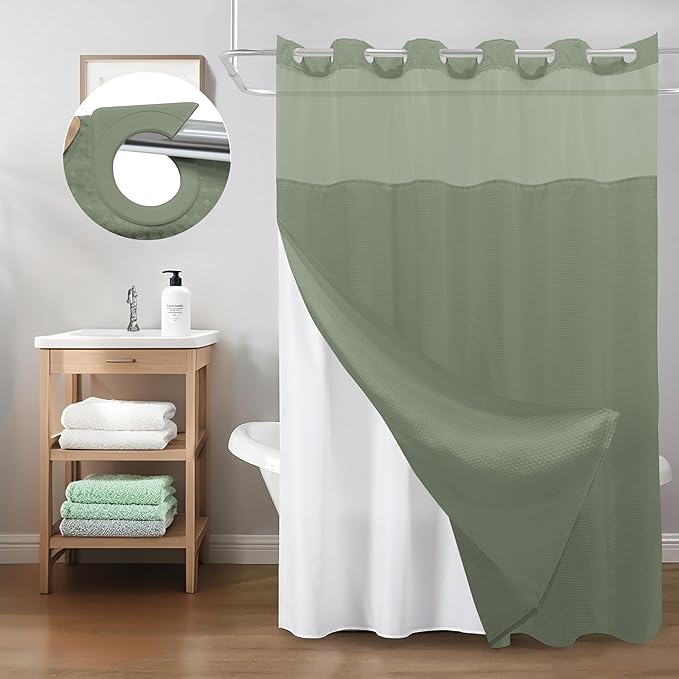 Inhousolu Stall No Hook Shower Curtain with Snap in Fabric Liner Set Waffle Weave 230GSM Weighted Hem, Waterproof & Washable Bathroom Curtain Spa Luxury with Mesh Top Window 36" W x 72" L Sage Green