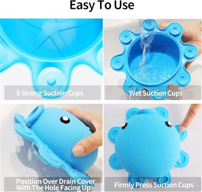 Bath Tub Overflow Drain Cover- Silicone Bathtub Overflow Cover with Suction Cups, Tub Drain Block Adds Inches of Water for Deeper Bath, Cute Bathroom Accessories, Blue