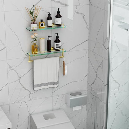 16-Inch Floating Tempered Glass Bathroom Shelf with Towel Bar - Brushed Gold & Stainless Steel, Wall Mount