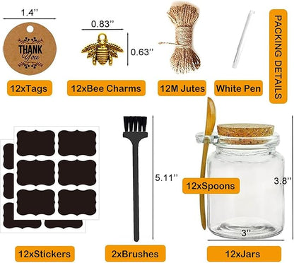 Ahhute Glass Sugar Scrubs Jars, Bath Salt Container 8oz, Salt Cellar with Spoon, Honey Scrubs Jars w/Lids, Labels and Cleaning Brush, Set of 12