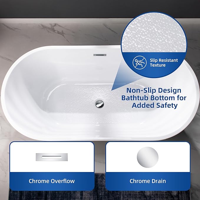 WOODBRIDGE Acrylic Freestanding Bathtub Contemporary Soaking Tub Overflow and Drain, BTA1514-C,White, 59" Chrome