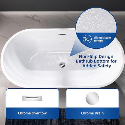 WOODBRIDGE Acrylic Freestanding Bathtub Contemporary Soaking Tub Overflow and Drain, BTA1514-C,White, 59" Chrome