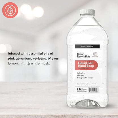 Clean Revolution Liquid Gel Hand Soap, Silky Rich Liquid, Quick Lather, Fast Rinsing, Contains Real Essential Oils (Geranium Mint) 64 Fl Oz