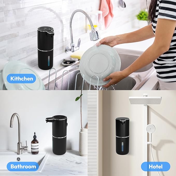 Automatic Soap Dispenser Touchless,Liquid Hand Soap Dispenser 12.8oz USB 4levels Adjustable Dispenser Electric Wall Mounted Smart for Bathroom and Kitchen Dish Soap，Easy for Toddlers(Black)
