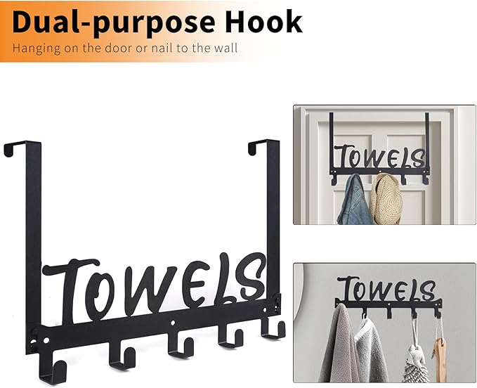 Over The Door Hook, Towel Holder Towel Hook for Bathroom, Towel Hanger Door Rack with 5 Coat Hooks, Over The Door Hanger Towel Rack for Bathroom, Bedroom Towels Coats, Black