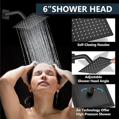 Aolemi Shower Faucet Set Ceiling Mount Shower System Rough-in Valve and Shower Trim Kit 16 and 6 Inch Dual Shower Head 2 in 1 Handheld Spray Push Button Diverter Matte Black