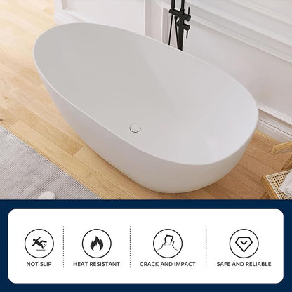 59" Stone Resin Freestanding Bathtub, Oval Solid Surface Bathroom Freestanding Tub, Thin Edge Stand Alone Tub with Integrated Slotted Overflow and Pop-up Drain, Matte White 302-150