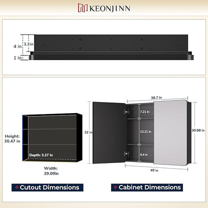 Keonjinn 40 x 32 Inch Large Black Medicine Cabinets, Recessed Bathroom Medicine Cabinet, Gloss Black Stainless Steel Framed, Sturdy & Heavy, Adjustable Shelves, Oversized Bathroom Mirror with Storage