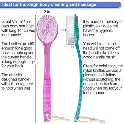 Back Brush for Shower, 14-inch Long Handle Medium Stiff Bristles Bath Scrubber for Men Women Body Exfoliating and Brushing - 2 Packs Pink+Blue