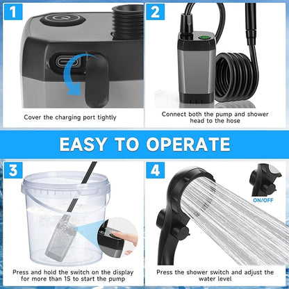 Portable Shower for Camping, Rechargeable Camping Shower Pump with LED Display of Battery Level and Temperature
