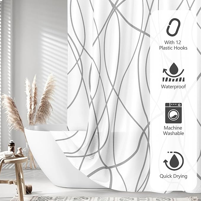 Tititex Morden 140gms Faux Linen Fabric Bath Shower Curtain Set Textured Fabric with White Gray Curve Pattern 72x72 Inch Water Resistant Bathroom Curtains, Weighted Hem & Hooks for Home/Hotel