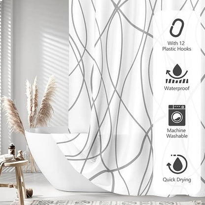 Tititex Morden 140gms Faux Linen Fabric Bath Shower Curtain Set Textured Fabric with White Gray Curve Pattern 72x72 Inch Water Resistant Bathroom Curtains, Weighted Hem & Hooks for Home/Hotel