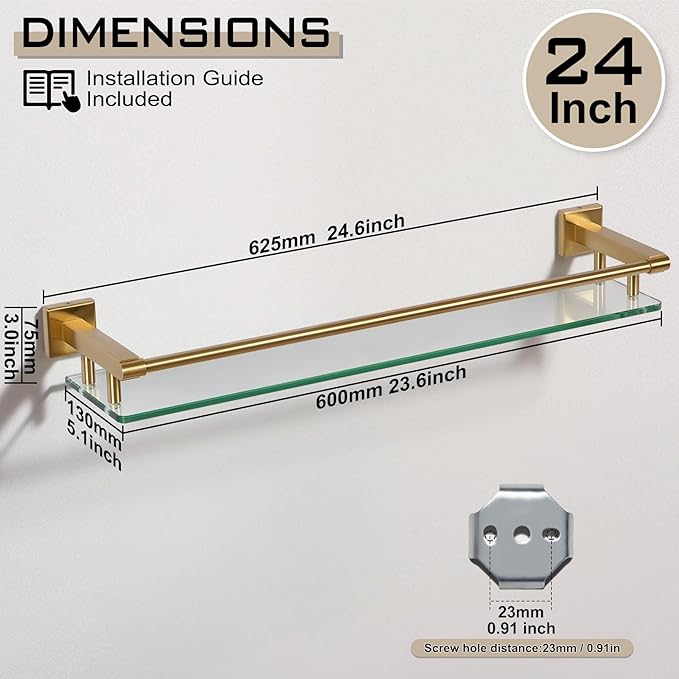 Glass Shelf for Bathroom 24 inch Rectangular Stainless Steel Wall Sheves Tempered Glass Modern Stainless Steel Wall Mount Accessories Organizers Storage (Brushed Gold)