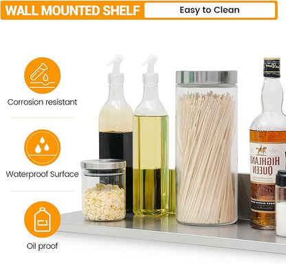 Stainless Steel Wall Shelf 8.6"x30" 60LB, 2 Packs L-Shaped Commercial Wall Mount Floating Shelving for Kitchen, Restaurant, Home