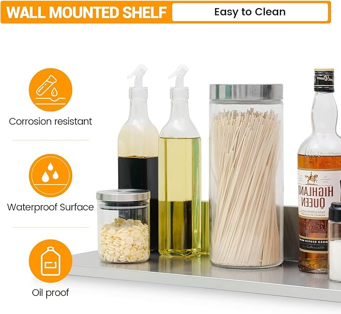 Stainless Steel Wall Shelf 8.6"x16" 50LB, 2 Packs L-Shaped Commercial Wall Mount Floating Shelving for Kitchen, Restaurant, Home