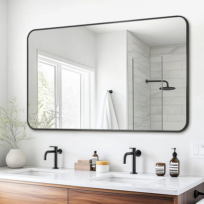 Antok Bathroom Mirror,50"x30" Wall Mirror, Decorative Mirrors Vanity Mirror Aluminum Alloy Frame Contemporary Hanging Mirror for Living Room Bathroom Entryway,Black,Round Corner