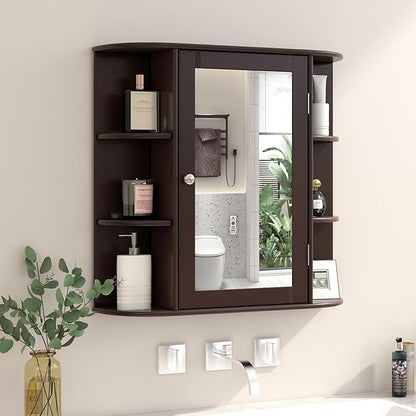 RELAX4LIFE Bathroom Wall Cabinet with Mirror - Medicine Cabinet w/Door, 6 Open Shelves & Adjustable Shelves, Over The Toilet Storage Cabinet Organizer, Mirrored Bathroom Cabinet Wall Mount (Brown)