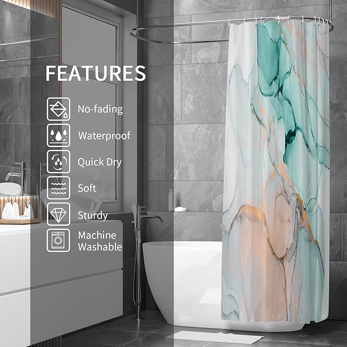 Gibelle Long Fabric Shower Curtain 72 x 78, Tall Abstract Grey Teal Marble Shower Curtain, Modern Ink Art Waterproof Fabric Shower Curtain Set with Hooks