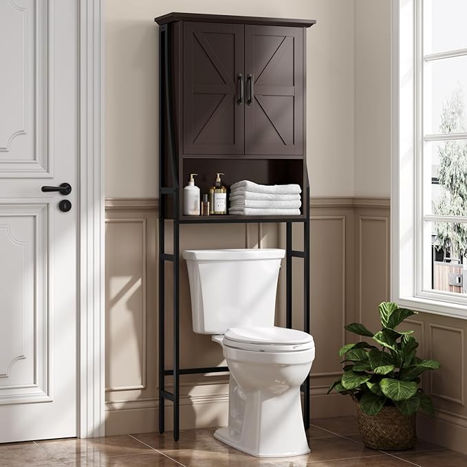 Over The Toilet Rack for Bathroom, Over The Toilet Storage Cabinet, Over Toilet Bathroom Organizer with Double Barn Doors Space Saver Rack Above Toilet Storage Cabinet (Espresso)