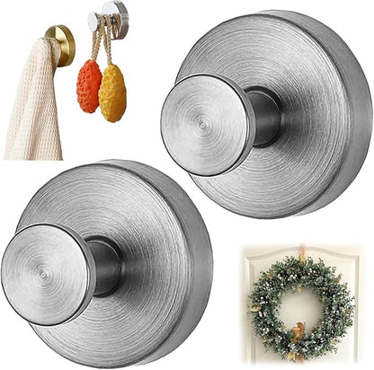 Removable & Reusable Suction Cup Hooks for Shower, Heavy Duty No-Drill Cup Hooks for Towels, Robes, Loofah–Wreath Hangers for Front Doors,Doors & Smooth Surfaces (Silver, 2 Pack)